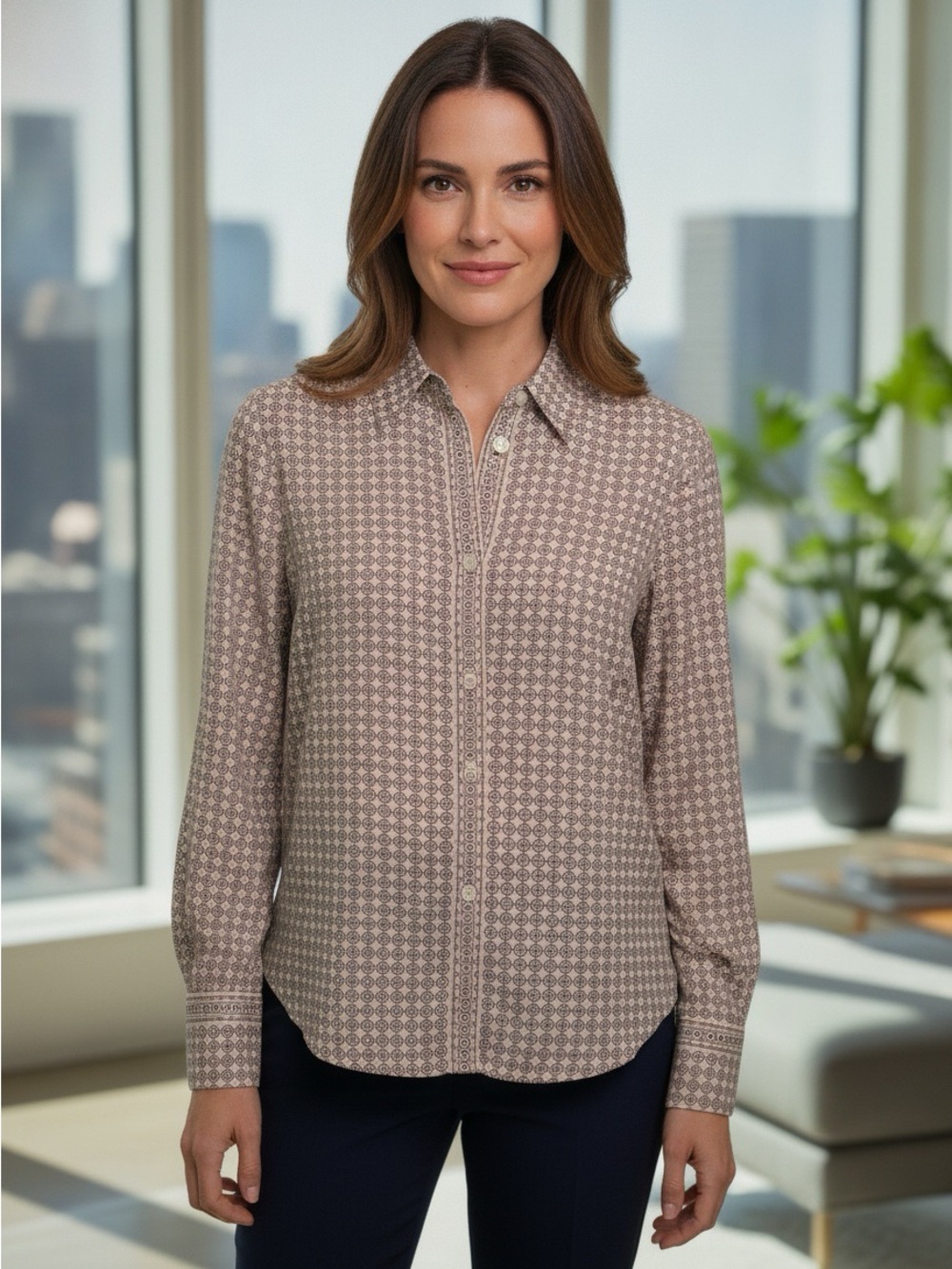Max Studio London Women’s Printed Long Sleeve Button Up Shirt Cream Blush Medium